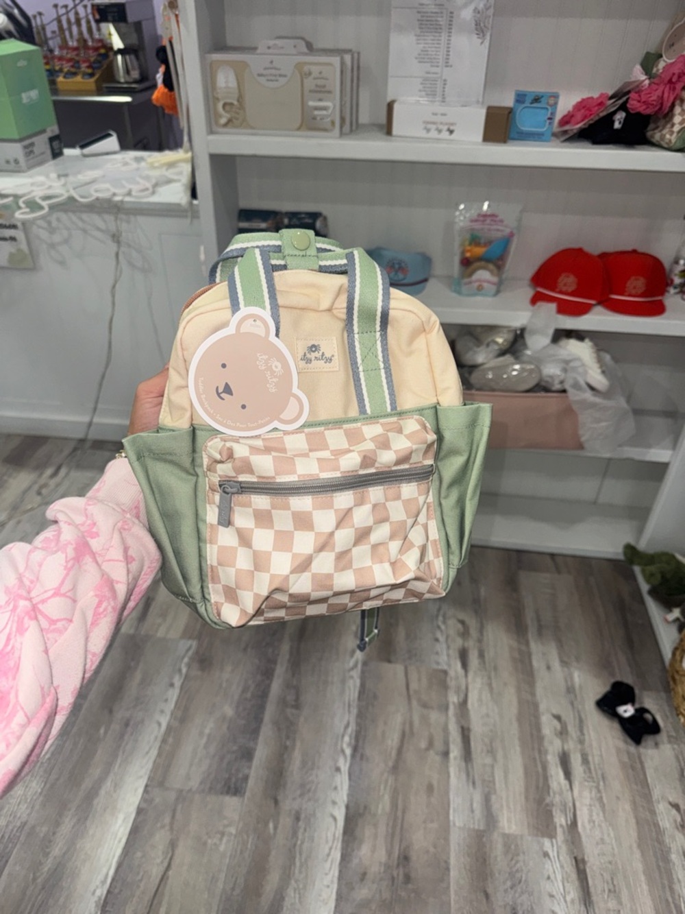 Itzy Ritzy Beige & Sage Green Checkered Kids Backpack